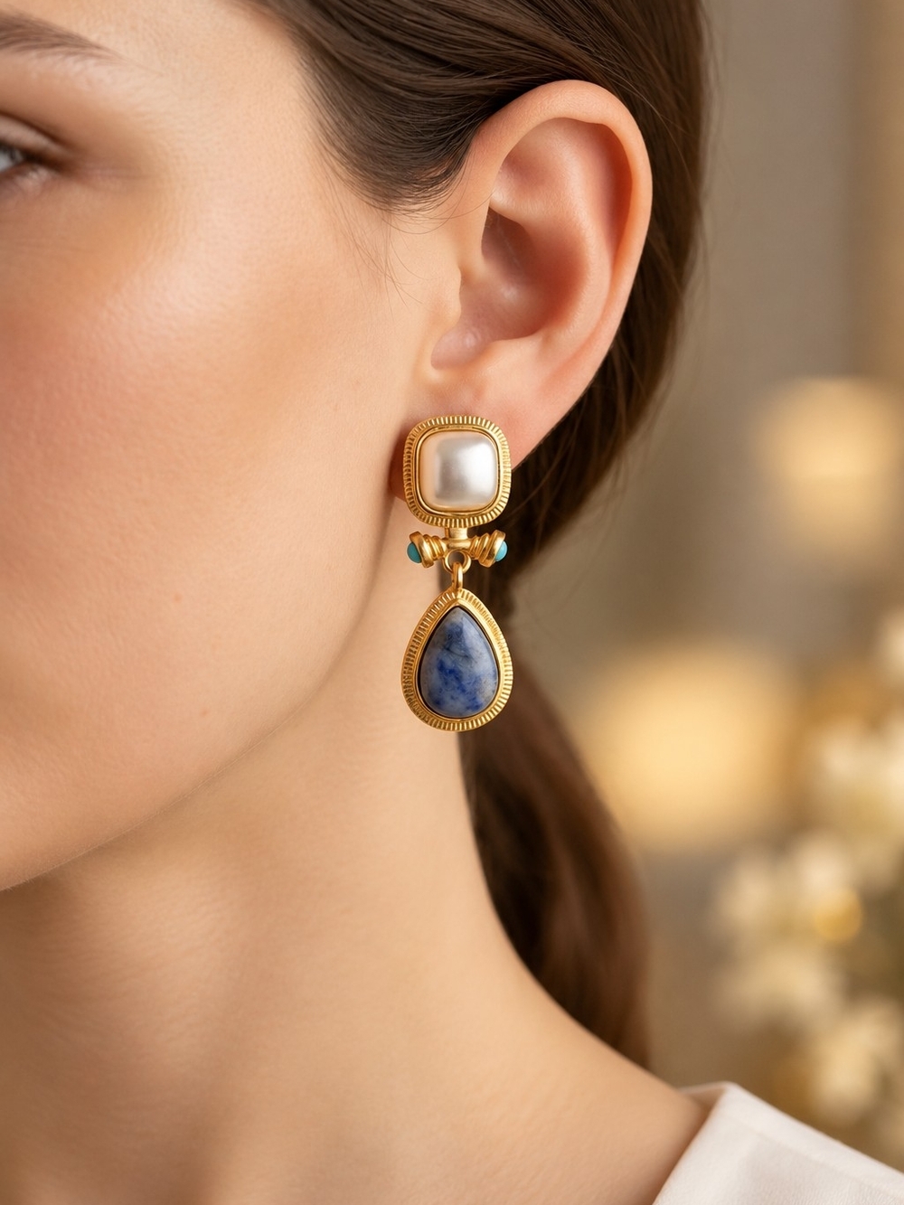 Gold Drop Earrings with Blue Stone and Pearl Accent